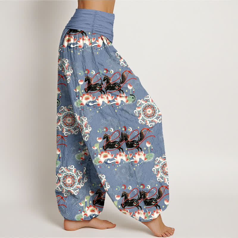 Nimara Ritual Pure Cotton Horse, Lotus And Mandala Pattern Women's Elastic Waist Harem Pants