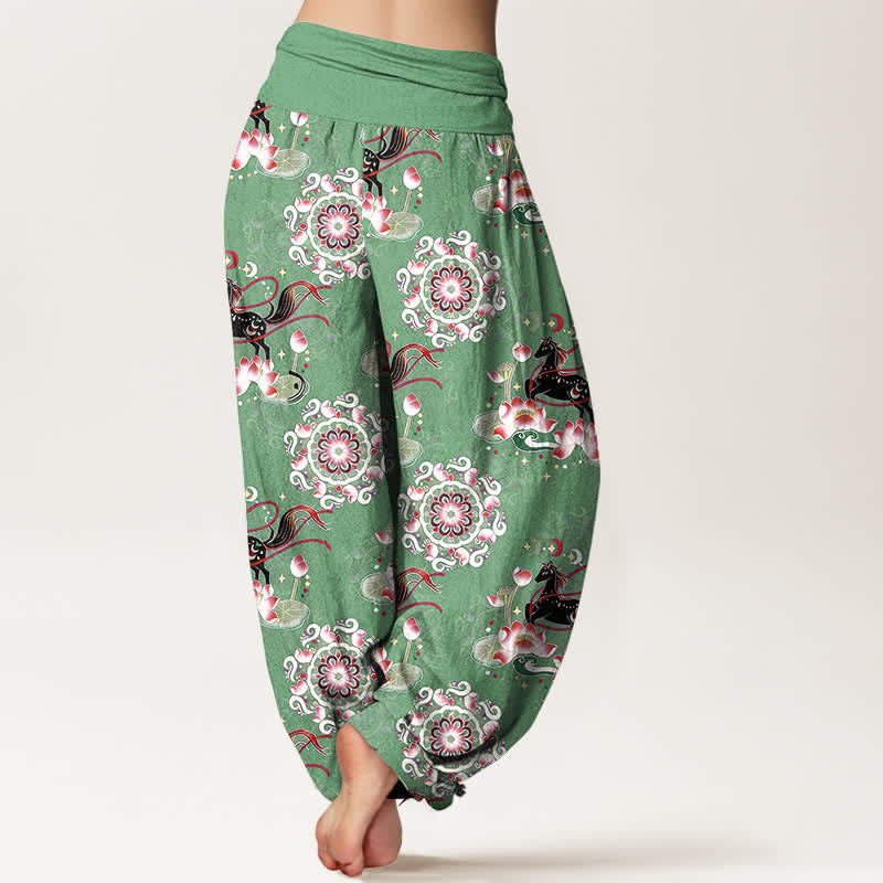 Nimara Ritual Pure Cotton Horse, Lotus And Mandala Pattern Women's Elastic Waist Harem Pants
