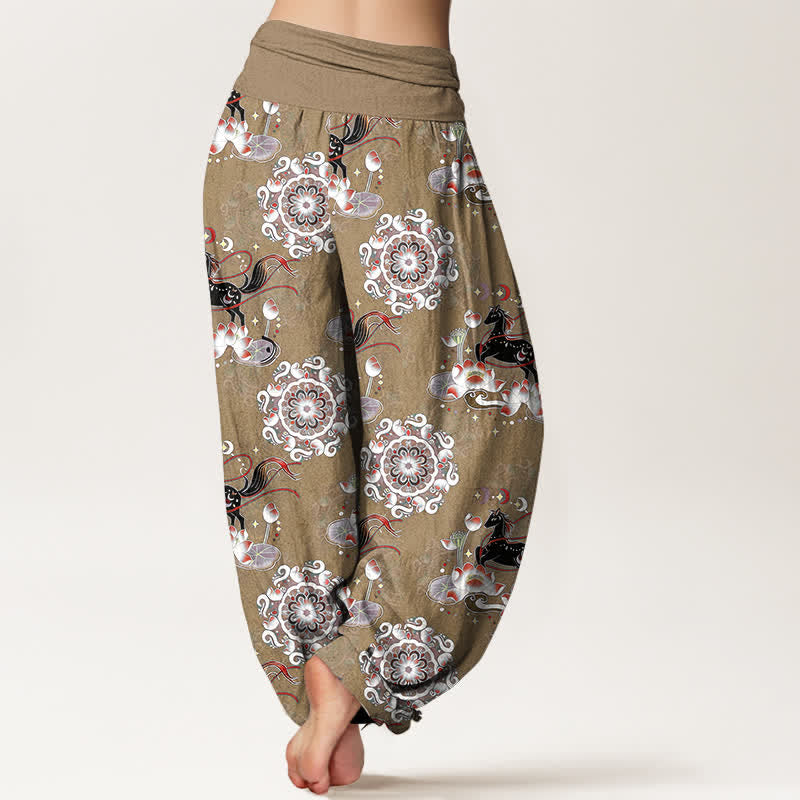 Nimara Ritual Pure Cotton Horse, Lotus And Mandala Pattern Women's Elastic Waist Harem Pants