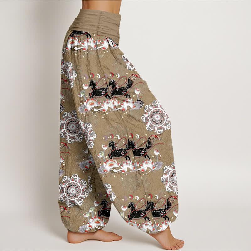Nimara Ritual Pure Cotton Horse, Lotus And Mandala Pattern Women's Elastic Waist Harem Pants
