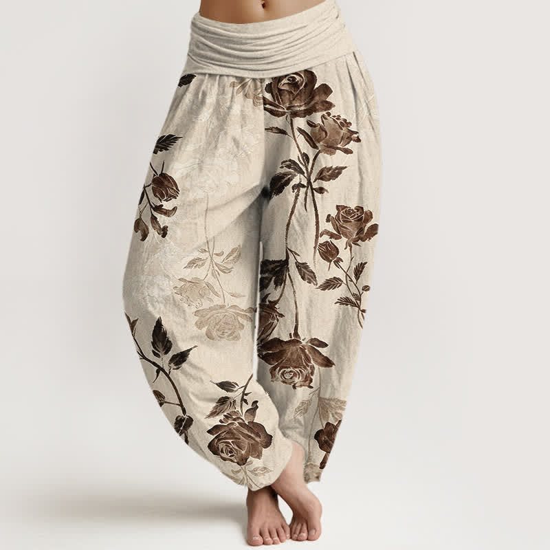 Nimara Ritual Cotton Vintage Rose Pattern Women's Elastic Waist Harem Pants