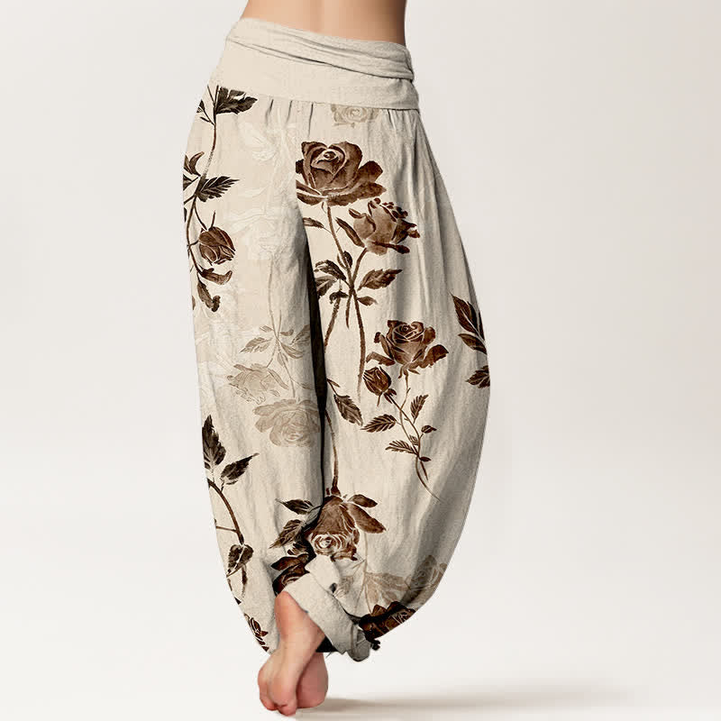 Nimara Ritual Cotton Vintage Rose Pattern Women's Elastic Waist Harem Pants