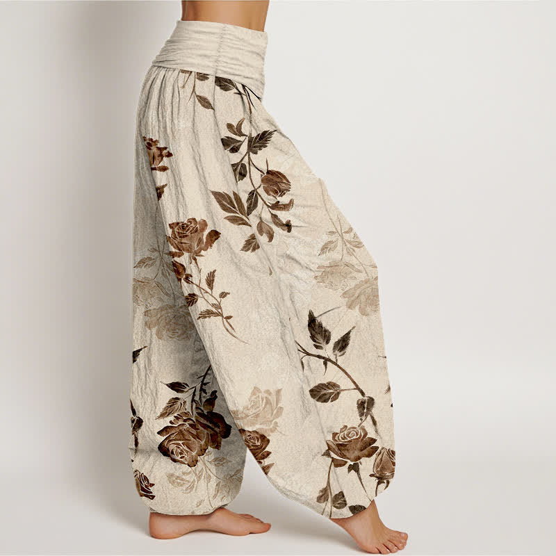 Nimara Ritual Cotton Vintage Rose Pattern Women's Elastic Waist Harem Pants