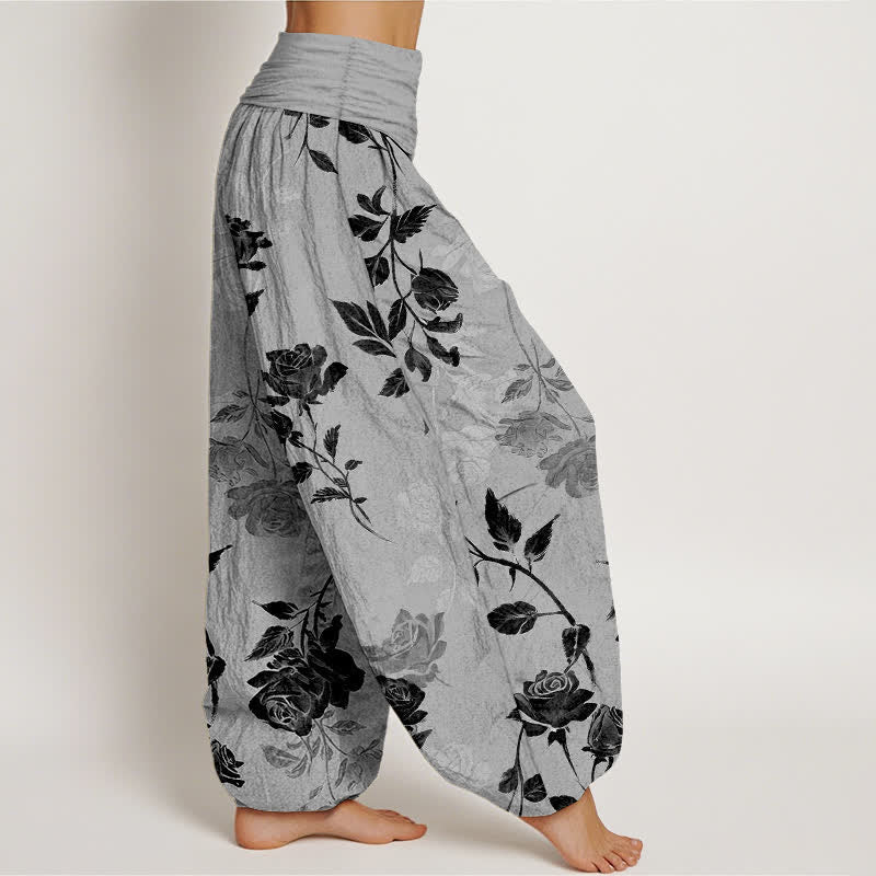 Nimara Ritual Cotton Vintage Rose Pattern Women's Elastic Waist Harem Pants