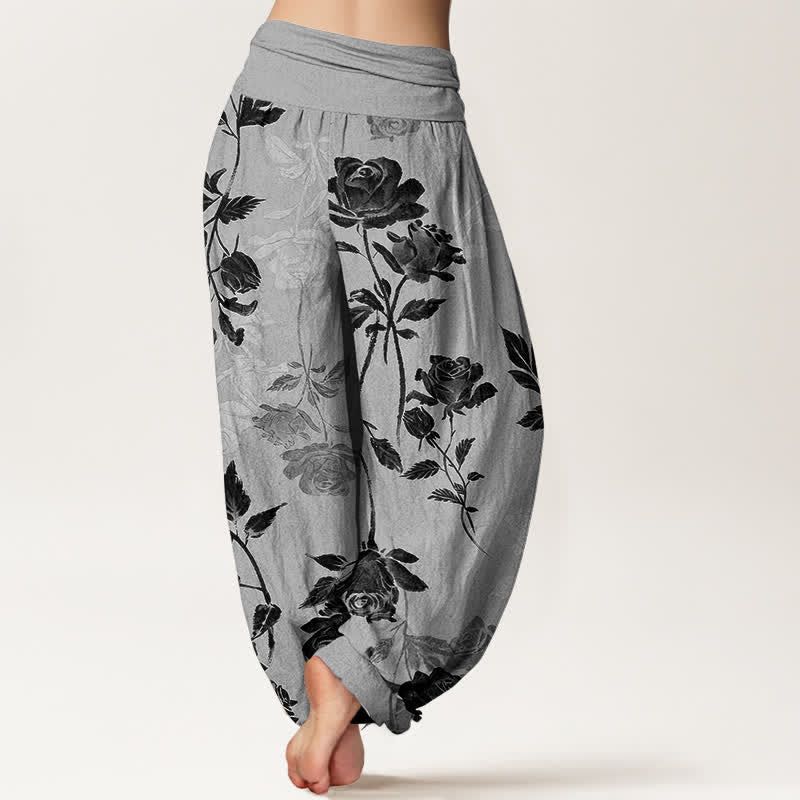 Nimara Ritual Cotton Vintage Rose Pattern Women's Elastic Waist Harem Pants