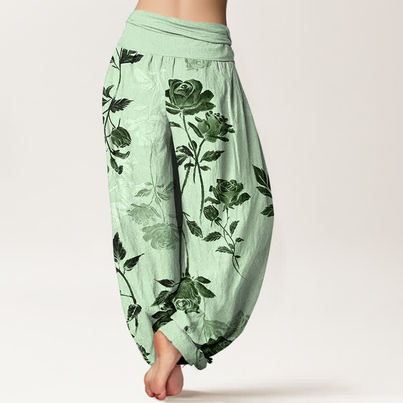 Nimara Ritual Cotton Vintage Rose Pattern Women's Elastic Waist Harem Pants