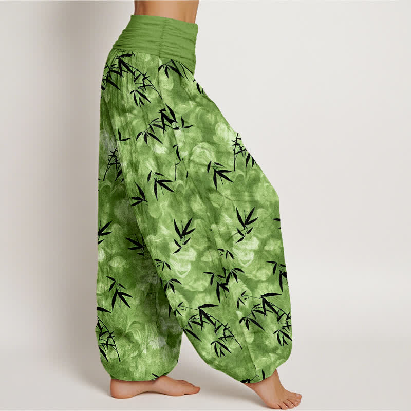 Nimara Ritual Pure Cotton Black Bamboo Leaf Pattern Women's Elastic Waist Harem Pants