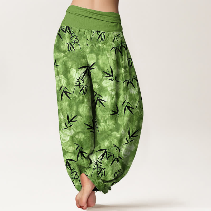 Nimara Ritual Pure Cotton Black Bamboo Leaf Pattern Women's Elastic Waist Harem Pants