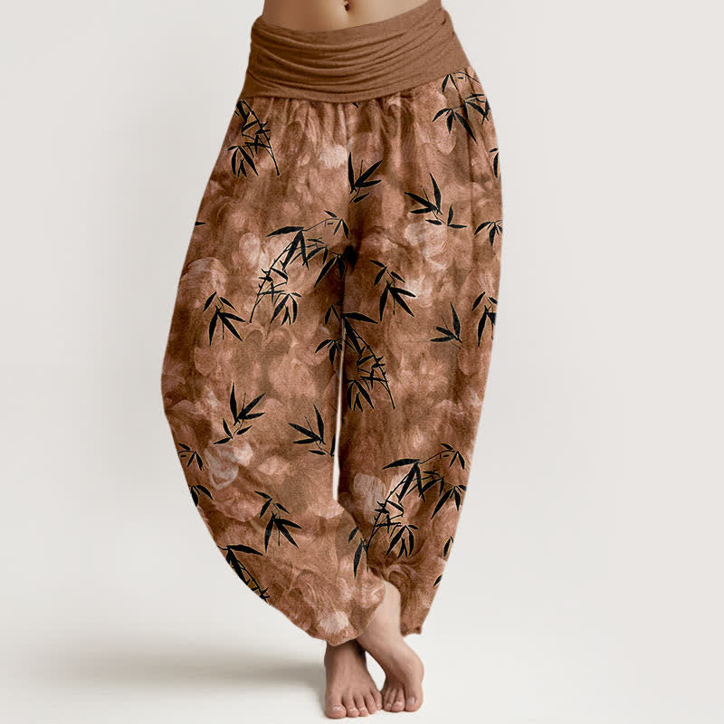 Nimara Ritual Pure Cotton Black Bamboo Leaf Pattern Women's Elastic Waist Harem Pants