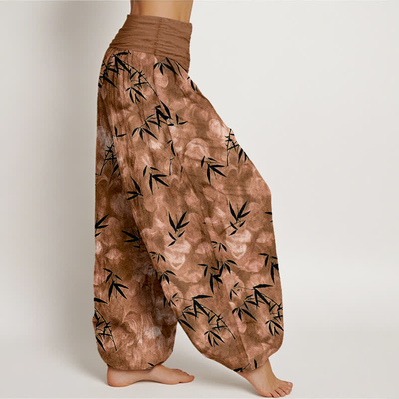 Nimara Ritual Pure Cotton Black Bamboo Leaf Pattern Women's Elastic Waist Harem Pants