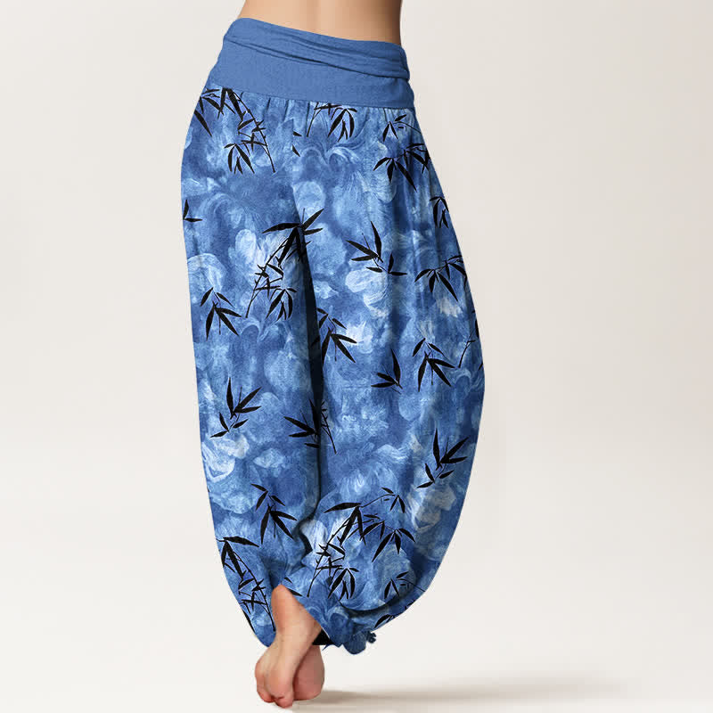 Nimara Ritual Pure Cotton Black Bamboo Leaf Pattern Women's Elastic Waist Harem Pants