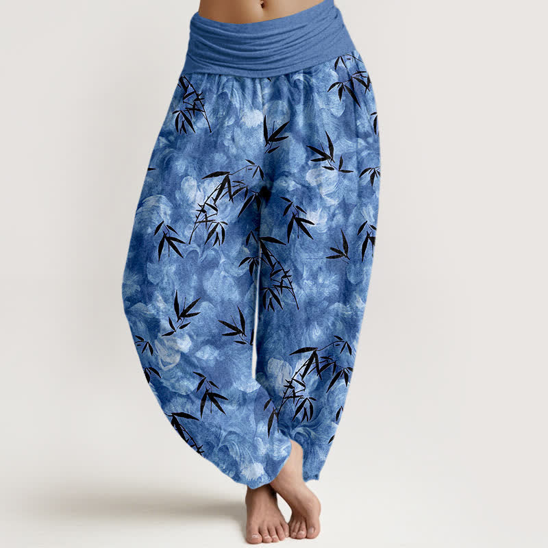 Nimara Ritual Pure Cotton Black Bamboo Leaf Pattern Women's Elastic Waist Harem Pants