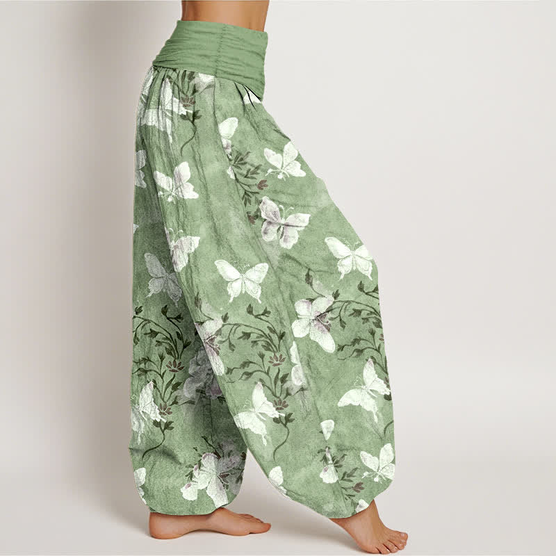 Nimara Ritual Cotton White Butterfly Floral Pattern Women's Elastic Waist Harem Pants
