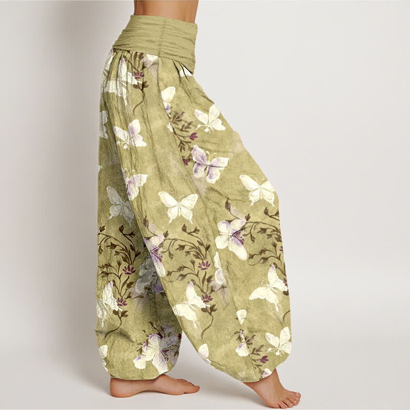 Nimara Ritual Cotton White Butterfly Floral Pattern Women's Elastic Waist Harem Pants
