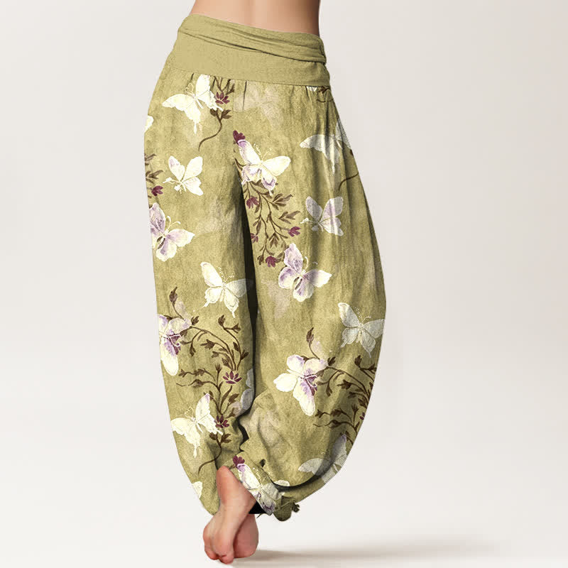 Nimara Ritual Cotton White Butterfly Floral Pattern Women's Elastic Waist Harem Pants