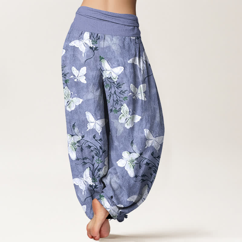 Nimara Ritual Cotton White Butterfly Floral Pattern Women's Elastic Waist Harem Pants