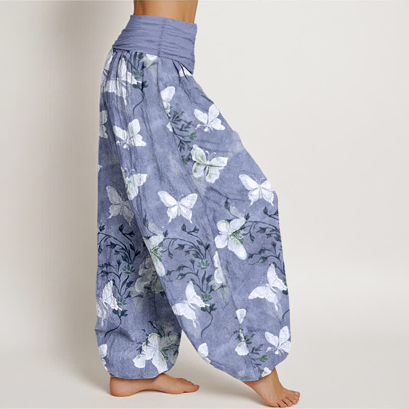 Nimara Ritual Cotton White Butterfly Floral Pattern Women's Elastic Waist Harem Pants