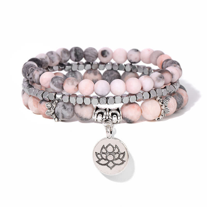 New Beginning and Motivating 3Pcs Zebra Jasper Lotus Enlightenment Beaded Bracelet