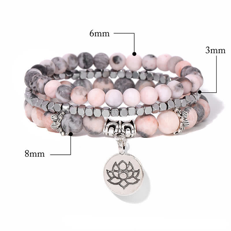 New Beginning and Motivating 3Pcs Zebra Jasper Lotus Enlightenment Beaded Bracelet