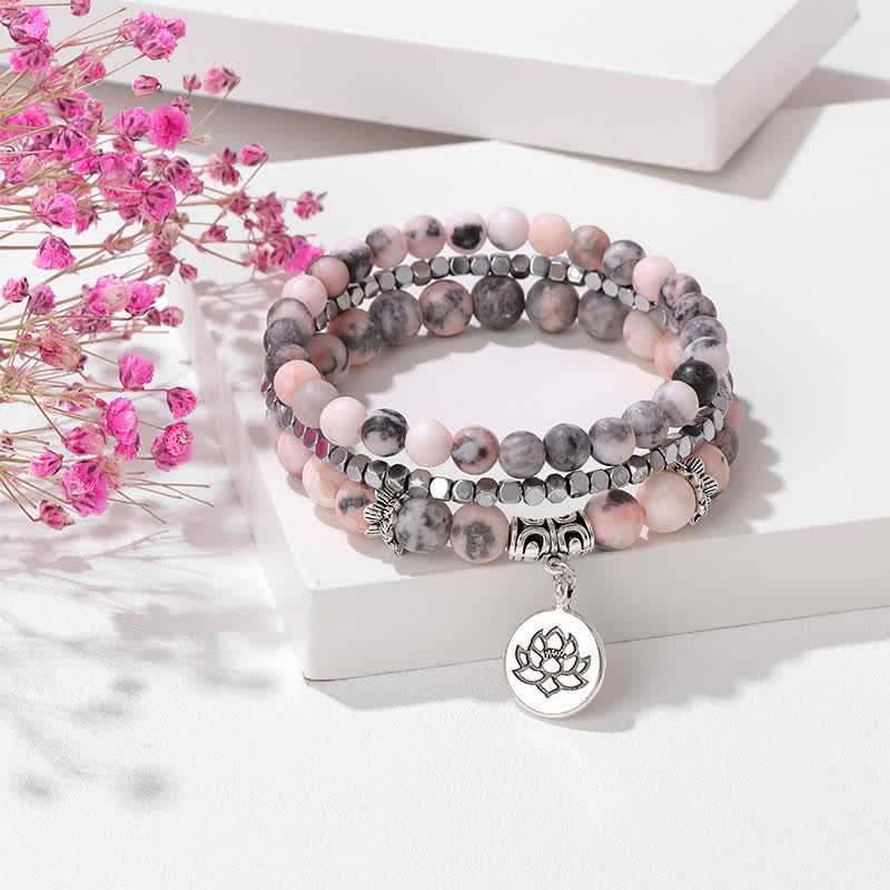 New Beginning and Motivating 3Pcs Zebra Jasper Lotus Enlightenment Beaded Bracelet