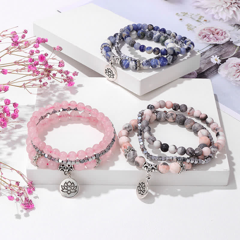 New Beginning and Motivating 3Pcs Zebra Jasper Lotus Enlightenment Beaded Bracelet
