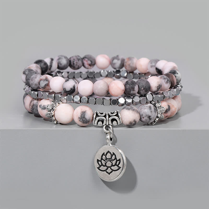New Beginning and Motivating 3Pcs Zebra Jasper Lotus Enlightenment Beaded Bracelet