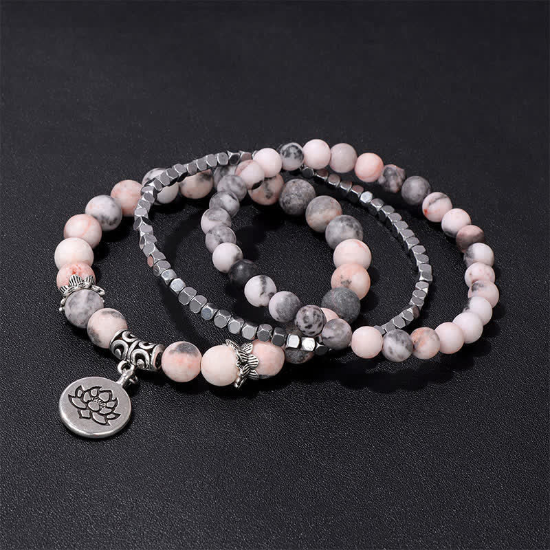 New Beginning and Motivating 3Pcs Zebra Jasper Lotus Enlightenment Beaded Bracelet