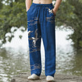 Nimara Ritual Cotton White Crane Wave Pattern Men's Tapered Pants With Pockets