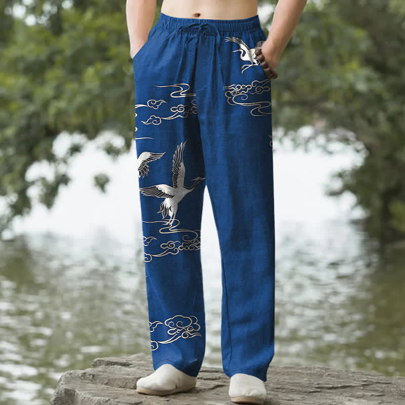 Nimara Ritual Cotton White Crane Wave Pattern Men's Tapered Pants With Pockets