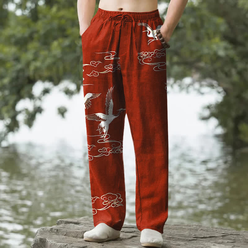 Nimara Ritual Cotton White Crane Wave Pattern Men's Tapered Pants With Pockets