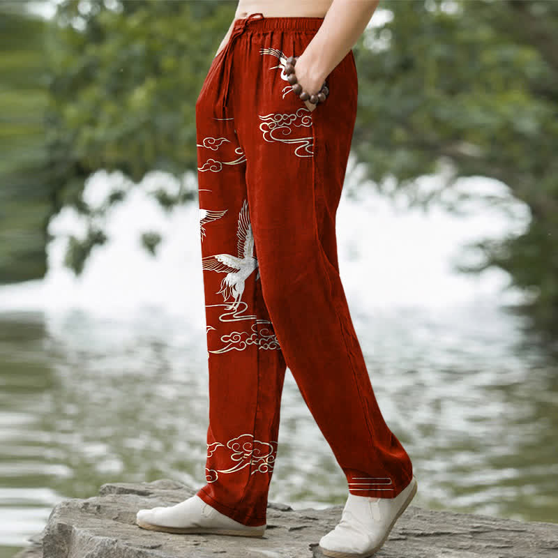 Nimara Ritual Cotton White Crane Wave Pattern Men's Tapered Pants With Pockets