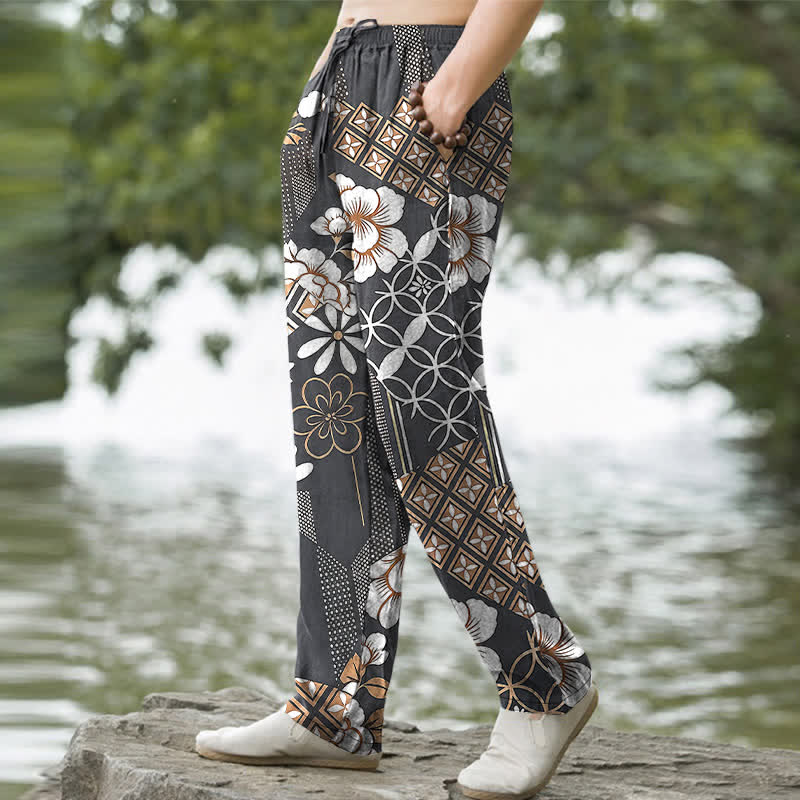 Nimara Ritual Cotton Bohemian Floral Geometric Pattern Men's Tapered Pants With Pockets