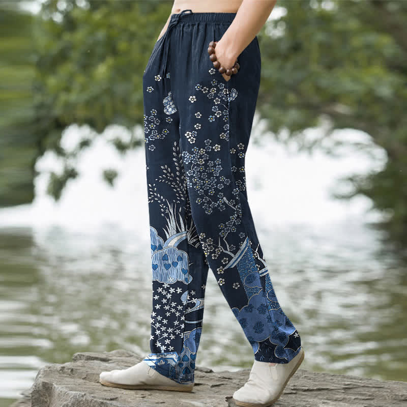 Nimara Ritual Cotton White Floral Cloud Pattern Men's Tapered Pants With Pockets