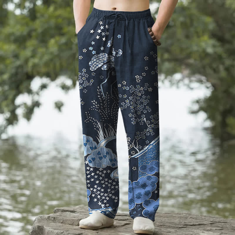 Nimara Ritual Cotton White Floral Cloud Pattern Men's Tapered Pants With Pockets