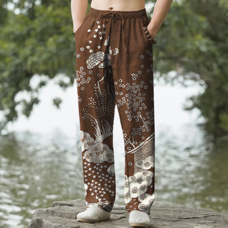 Nimara Ritual Cotton White Floral Cloud Pattern Men's Tapered Pants With Pockets