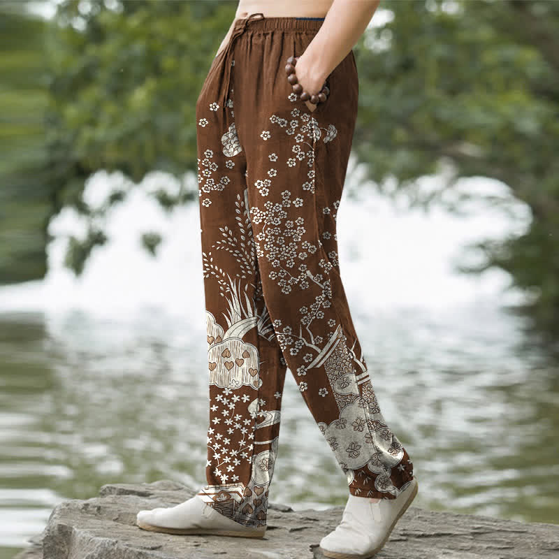 Nimara Ritual Cotton White Floral Cloud Pattern Men's Tapered Pants With Pockets