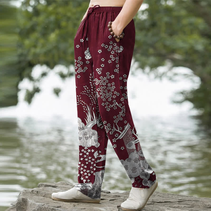 Nimara Ritual Cotton White Floral Cloud Pattern Men's Tapered Pants With Pockets