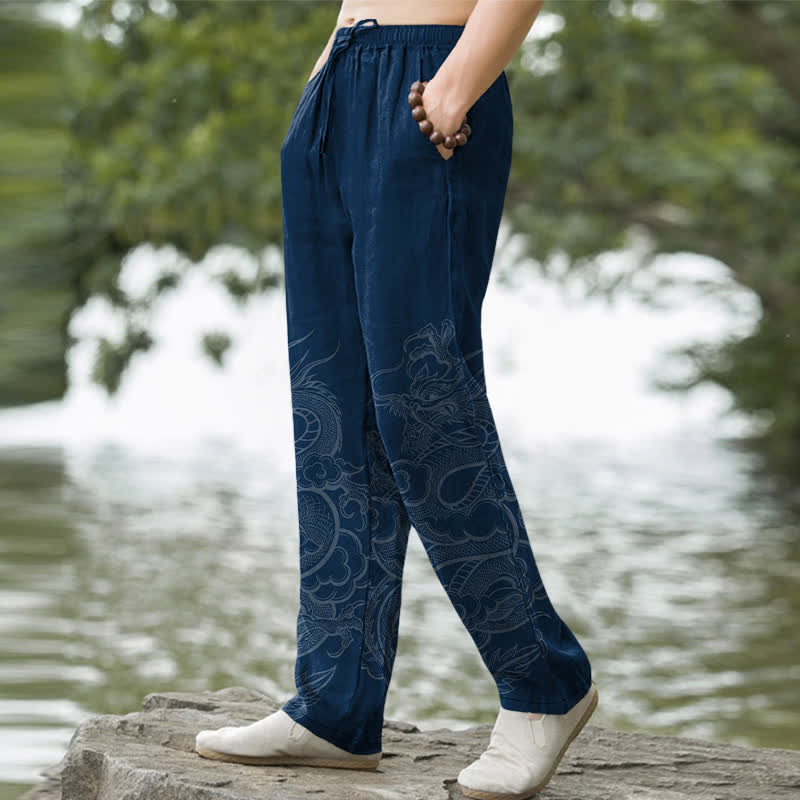 Nimara Ritual Cotton Subtle Dragon Pattern Men's Tapered Pants With Pockets