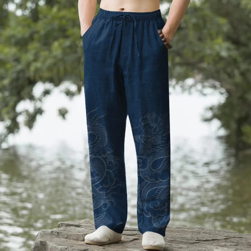 Nimara Ritual Cotton Subtle Dragon Pattern Men's Tapered Pants With Pockets