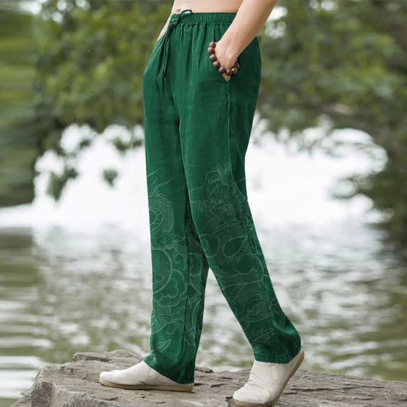 Nimara Ritual Cotton Subtle Dragon Pattern Men's Tapered Pants With Pockets