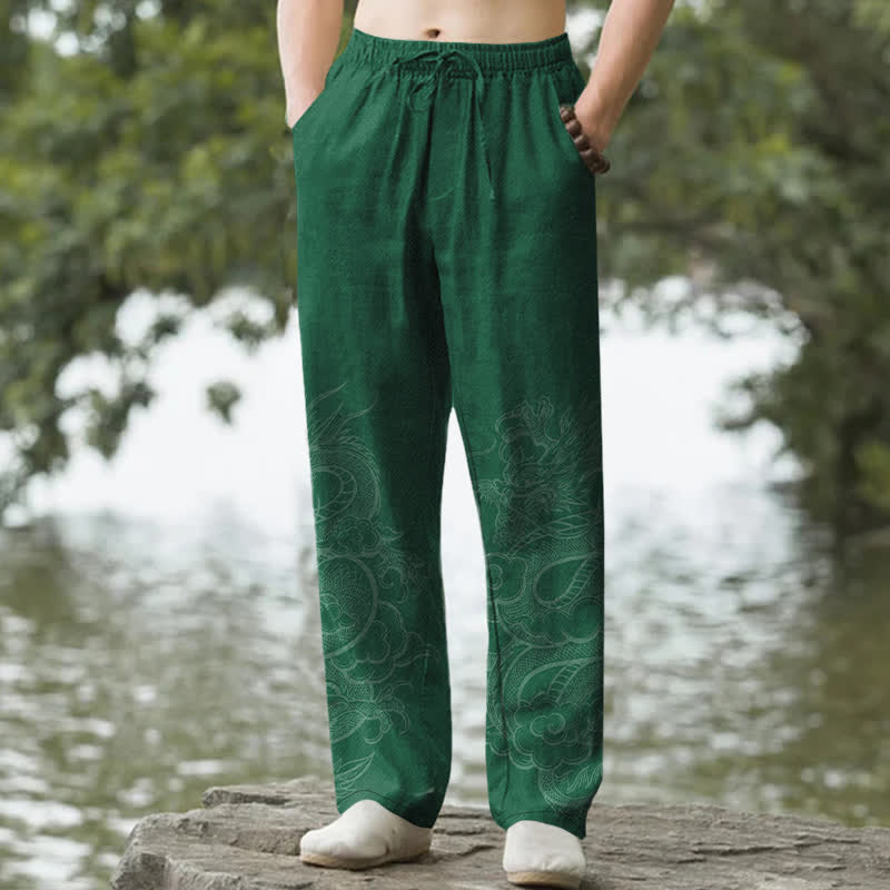 Nimara Ritual Cotton Subtle Dragon Pattern Men's Tapered Pants With Pockets