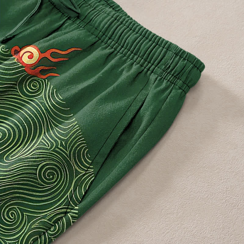 Nimara Ritual Cotton Auspicious Cloud Dragon Pattern Men's Tapered Pants With Pockets