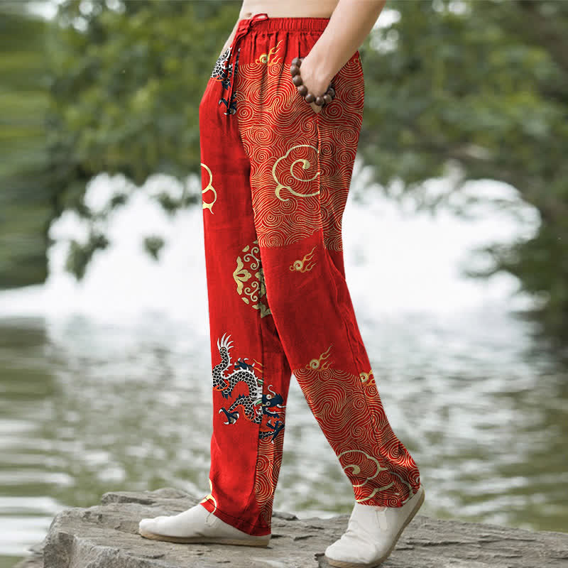 Nimara Ritual Cotton Auspicious Cloud Dragon Pattern Men's Tapered Pants With Pockets