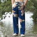 Nimara Ritual Cotton White Dragon Cloud Pattern Men's Tapered Pants With Pockets