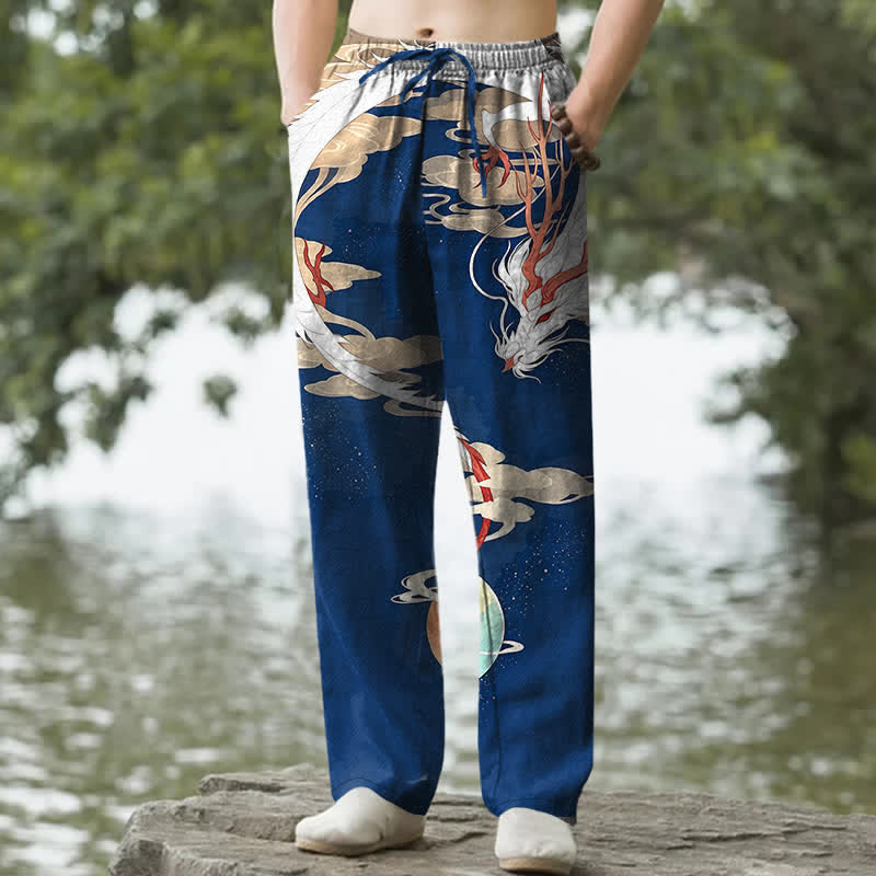 Nimara Ritual Cotton White Dragon Cloud Pattern Men's Tapered Pants With Pockets