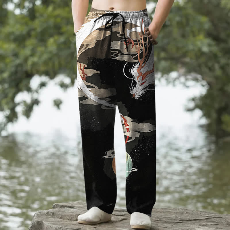 Nimara Ritual Cotton White Dragon Cloud Pattern Men's Tapered Pants With Pockets