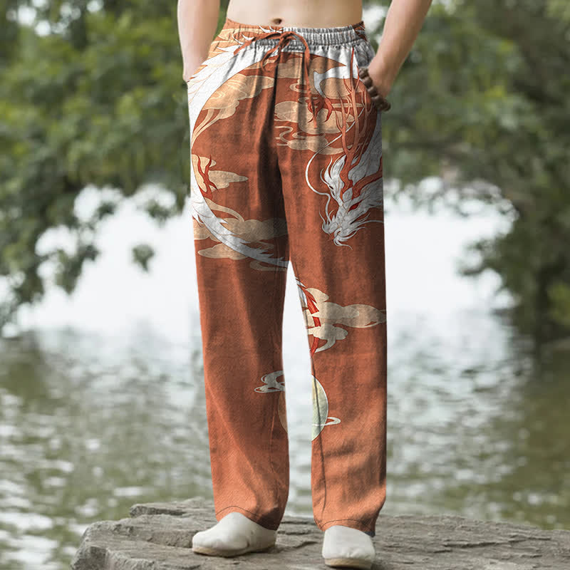 Nimara Ritual Cotton White Dragon Cloud Pattern Men's Tapered Pants With Pockets