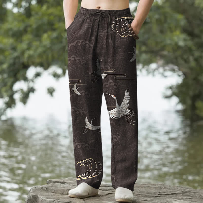 Nimara Ritual Cotton White Crane Gold Wave Pattern Men's Tapered Pants With Pockets