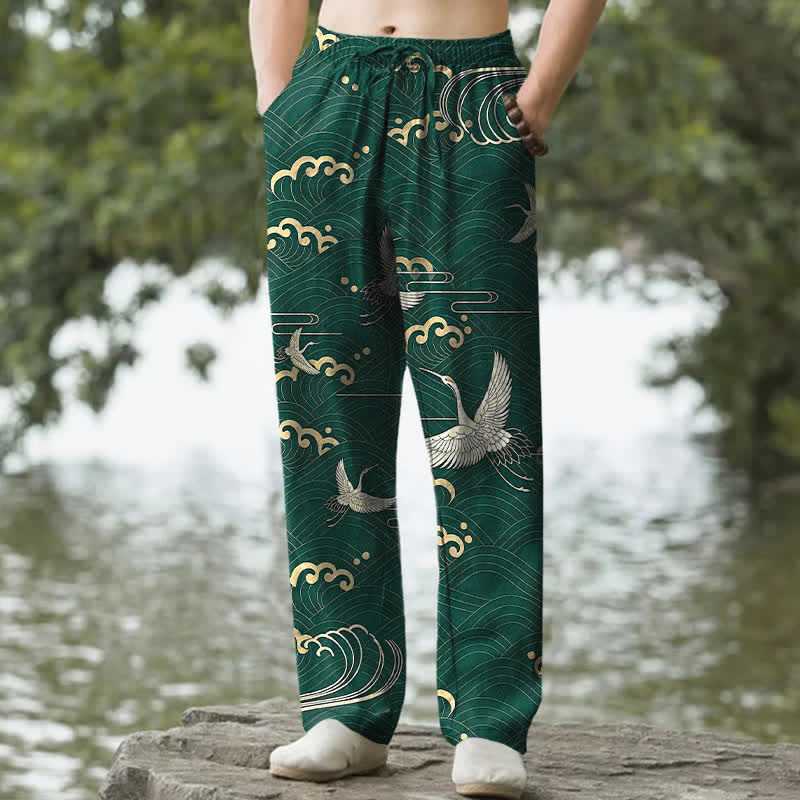 Nimara Ritual Cotton White Crane Gold Wave Pattern Men's Tapered Pants With Pockets
