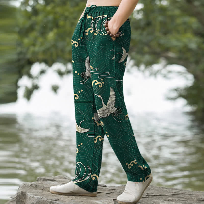 Nimara Ritual Cotton White Crane Gold Wave Pattern Men's Tapered Pants With Pockets